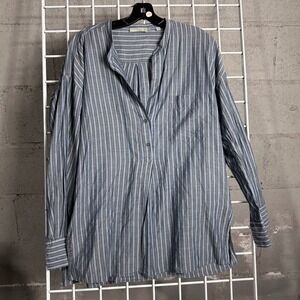 Vince Striped Button Down Long Sleeve Cotton Shirt Medium Blue Gray coastal chic